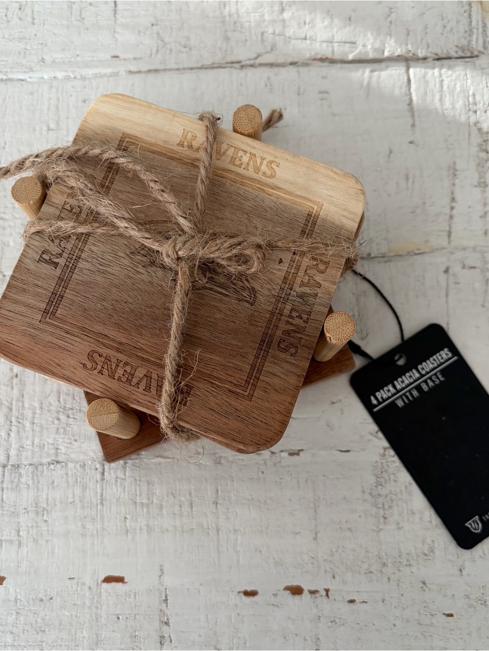 Baltimore Ravens NFL 4 Piece Acacia Wood‎ Coasters with Base Etched Carved